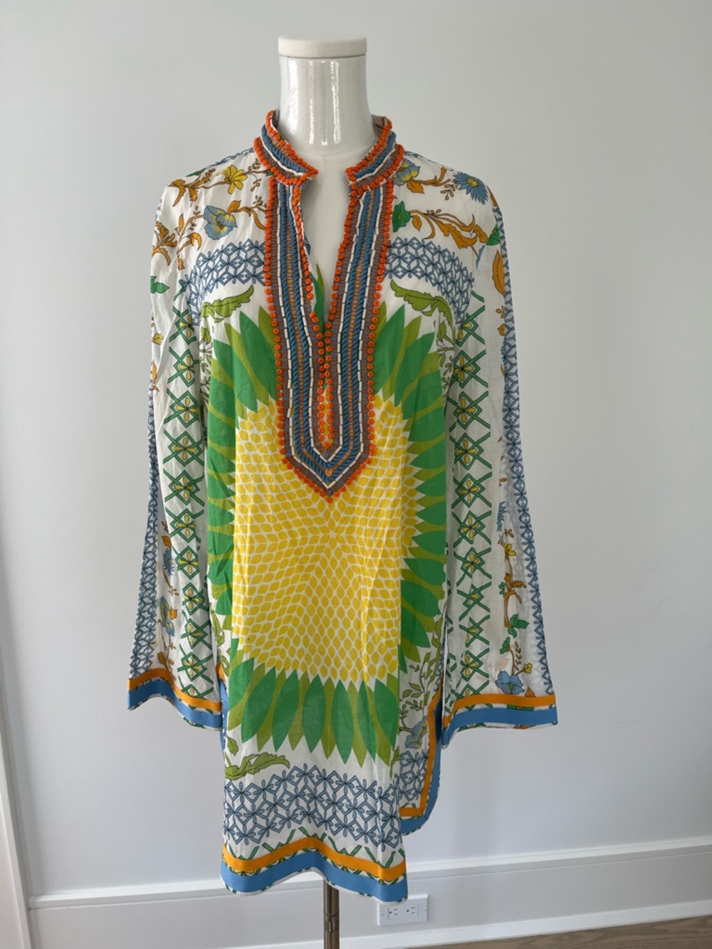 Tory Burch White Multicolor Printed Tunic with Yellow & Green Sunburst